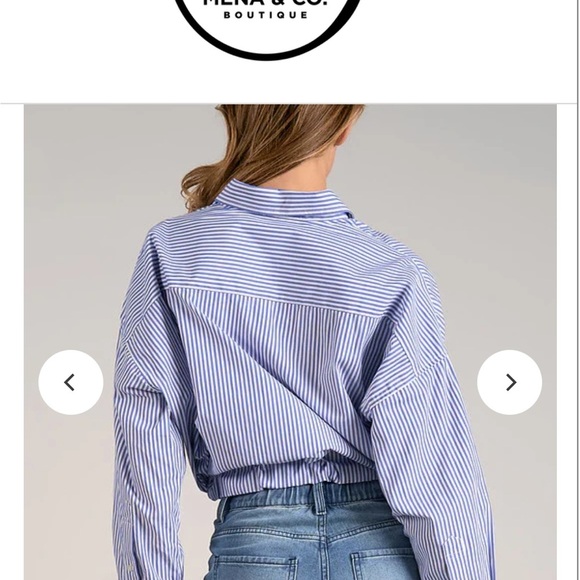 Elan Blue and White Striped Long Sleeved Button Down with Cinch Waist M - Picture 2 of 6